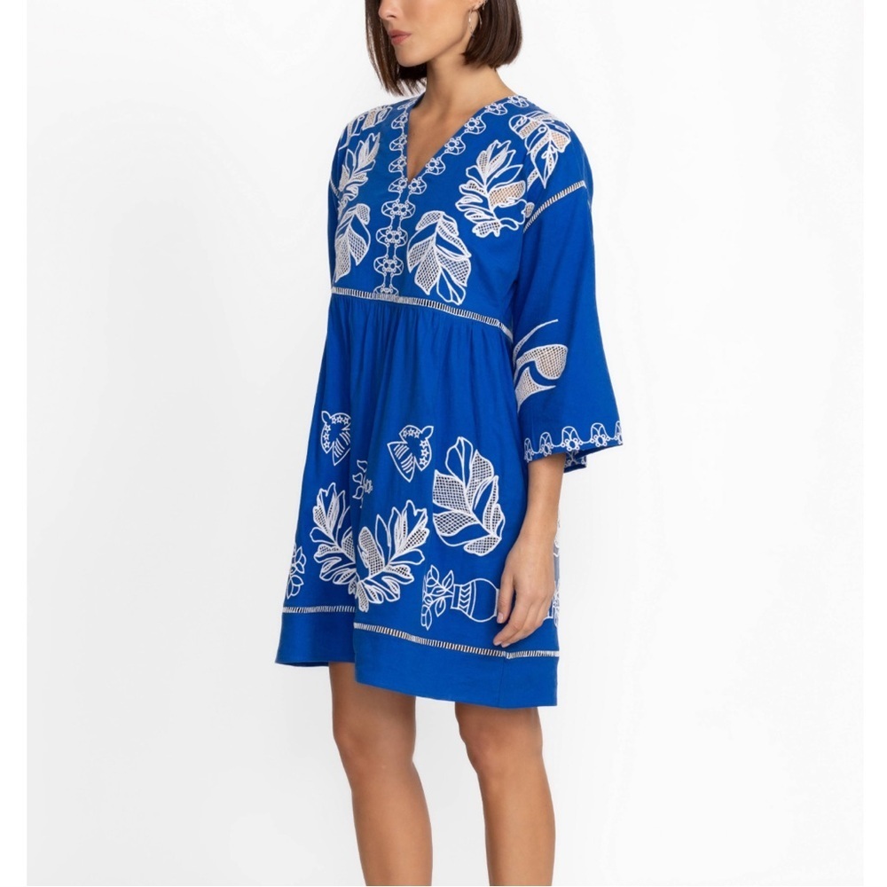 Johnny Was Jade Blue and White Floral Dress Linen Blend
